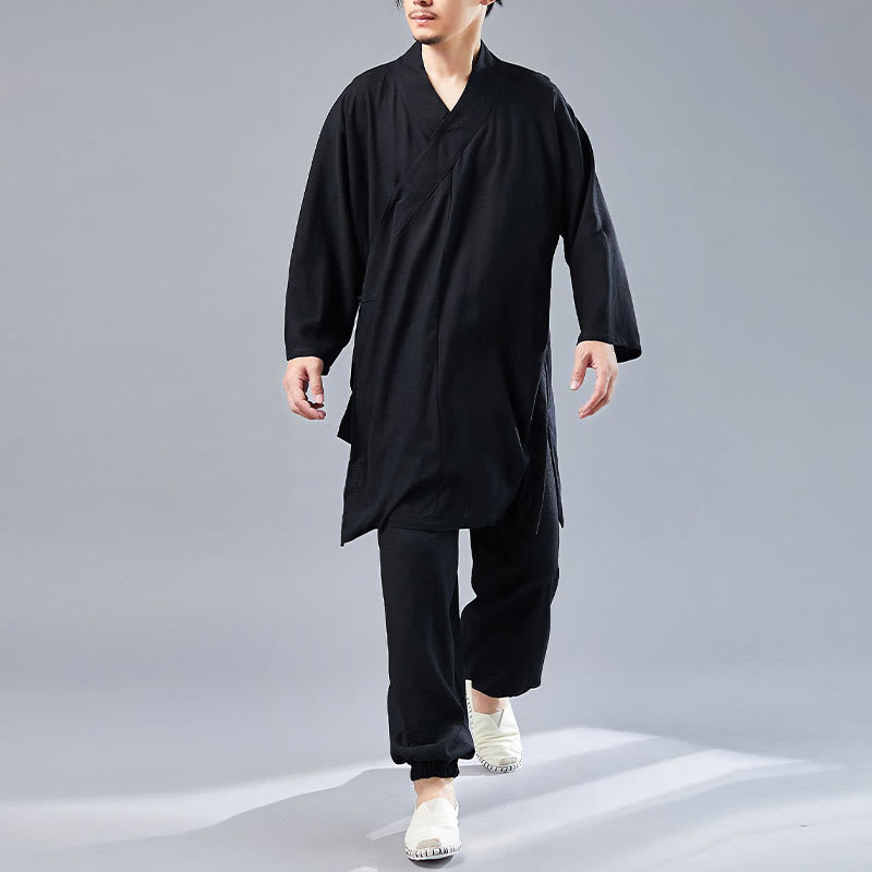 2Pcs V-Neck Men's Long Sleeve Shirt Top Pants Meditation Zen Tai Chi Cotton Linen Clothing Set