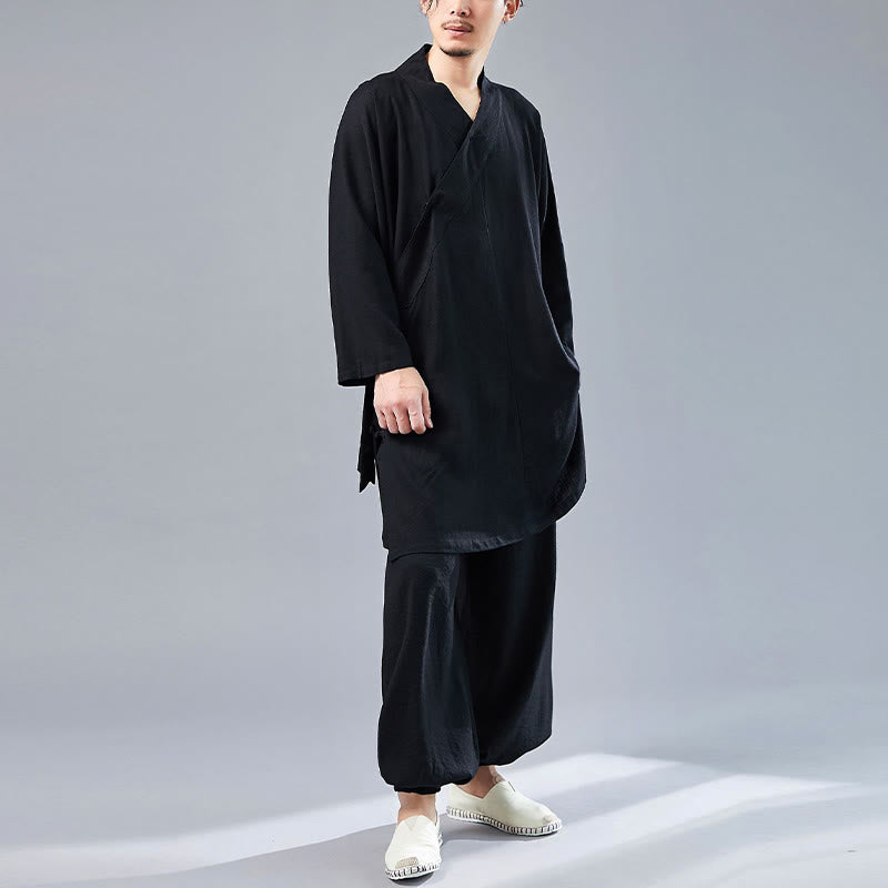 2Pcs V-Neck Men's Long Sleeve Shirt Top Pants Meditation Zen Tai Chi Cotton Linen Clothing Set
