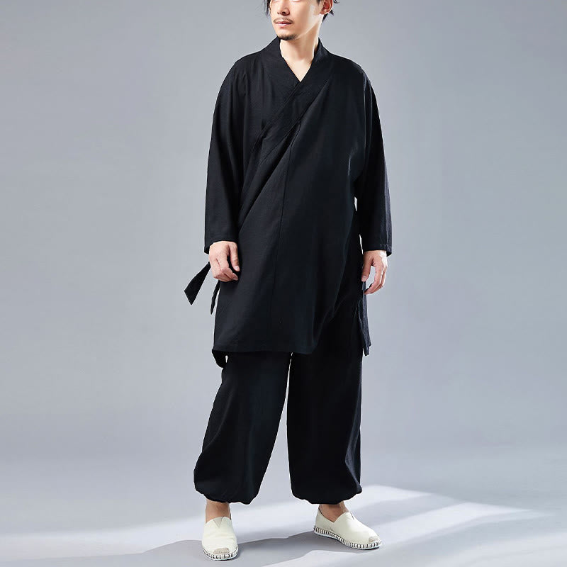2Pcs V-Neck Men's Long Sleeve Shirt Top Pants Meditation Zen Tai Chi Cotton Linen Clothing Set