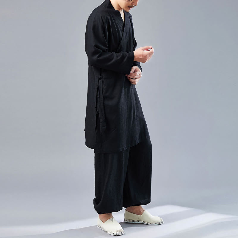 2Pcs V-Neck Men's Long Sleeve Shirt Top Pants Meditation Zen Tai Chi Cotton Linen Clothing Set