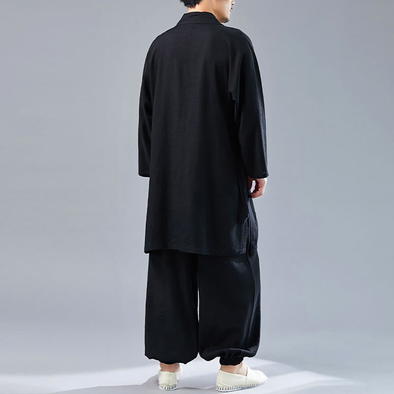 2Pcs V-Neck Men's Long Sleeve Shirt Top Pants Meditation Zen Tai Chi Cotton Linen Clothing Set