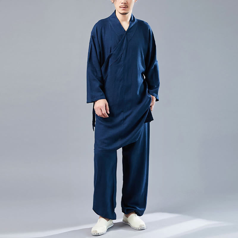 2Pcs V-Neck Men's Long Sleeve Shirt Top Pants Meditation Zen Tai Chi Cotton Linen Clothing Set