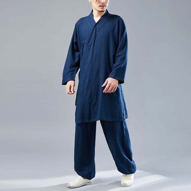 2Pcs V-Neck Men's Long Sleeve Shirt Top Pants Meditation Zen Tai Chi Cotton Linen Clothing Set