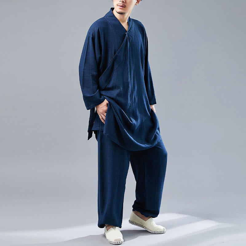 2Pcs V-Neck Men's Long Sleeve Shirt Top Pants Meditation Zen Tai Chi Cotton Linen Clothing Set