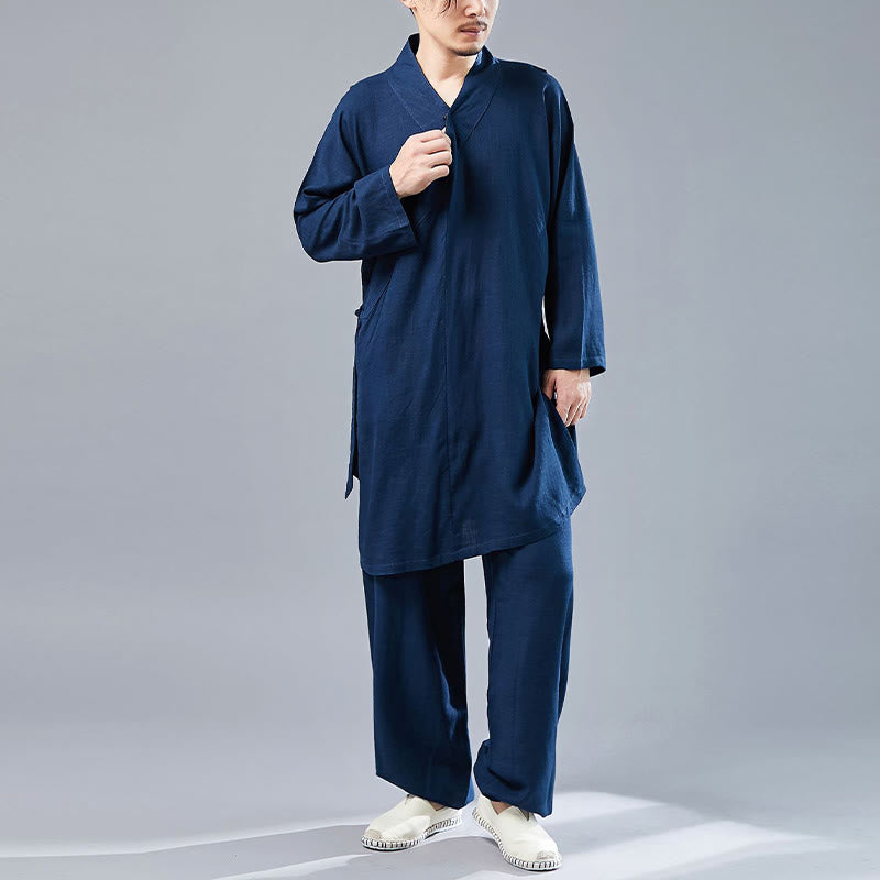 2Pcs V-Neck Men's Long Sleeve Shirt Top Pants Meditation Zen Tai Chi Cotton Linen Clothing Set