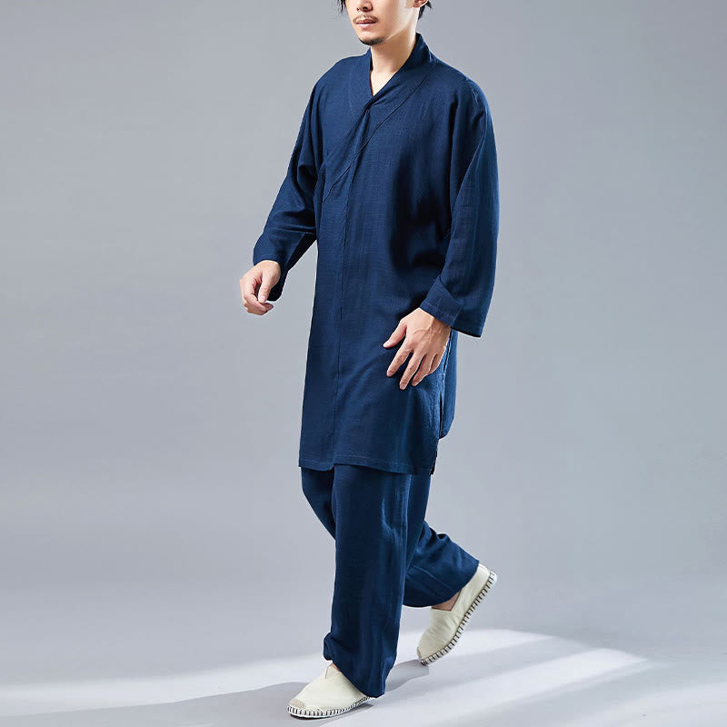 2Pcs V-Neck Men's Long Sleeve Shirt Top Pants Meditation Zen Tai Chi Cotton Linen Clothing Set