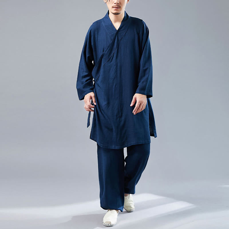 2Pcs V-Neck Men's Long Sleeve Shirt Top Pants Meditation Zen Tai Chi Cotton Linen Clothing Set