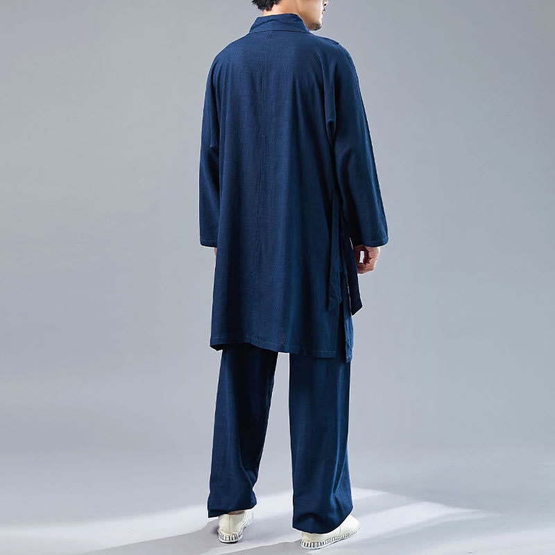 2Pcs V-Neck Men's Long Sleeve Shirt Top Pants Meditation Zen Tai Chi Cotton Linen Clothing Set
