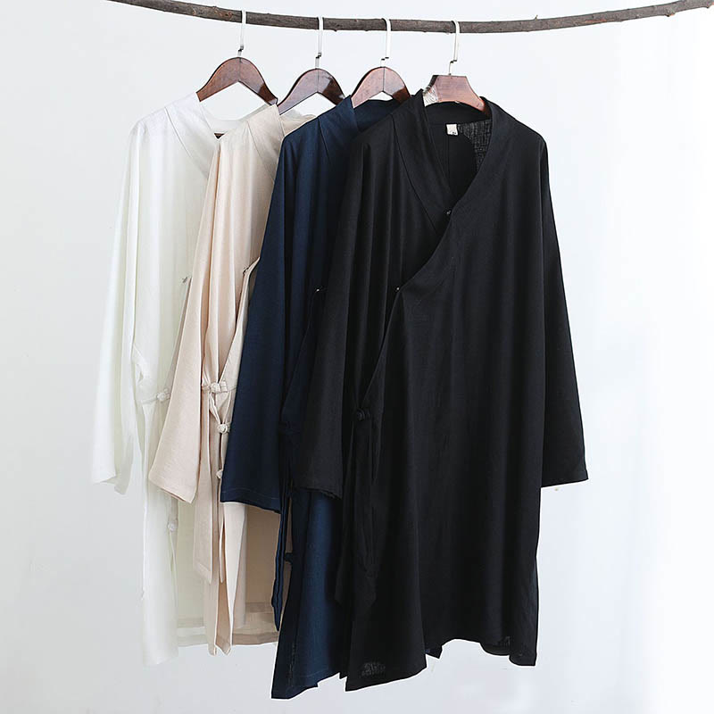 2Pcs V-Neck Men's Long Sleeve Shirt Top Pants Meditation Zen Tai Chi Cotton Linen Clothing Set