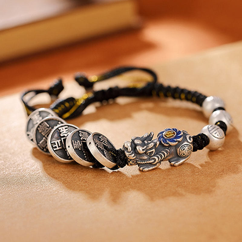 Handmade 999 Fine Silver Pixiu and Copper Coin Fu Character Braided Bracelet