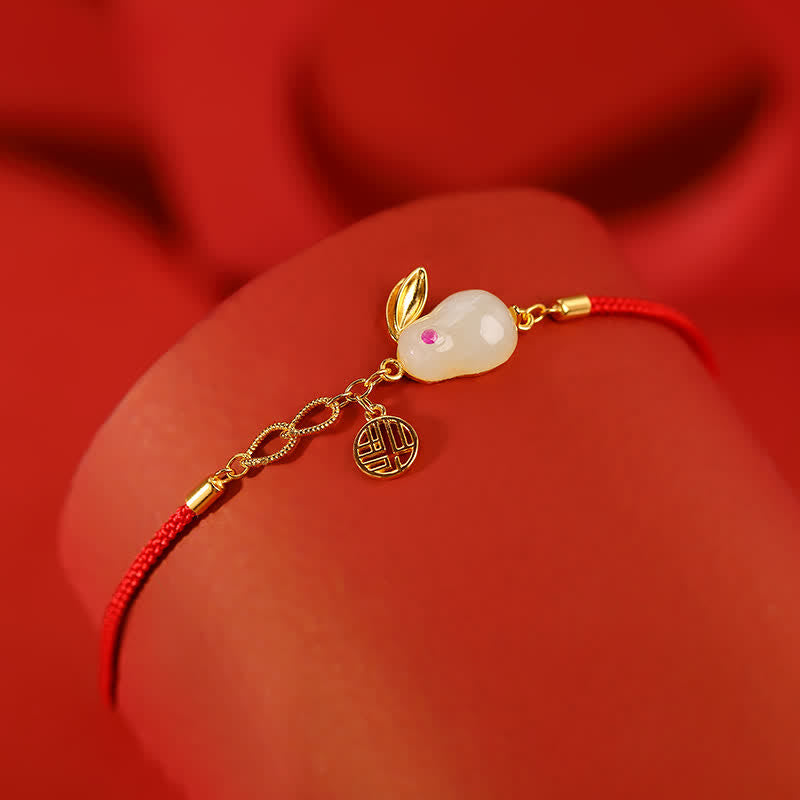 Sterling Silver & Hetian White Jade Red String Bracelet with Gold Buddha & Rabbit Accents