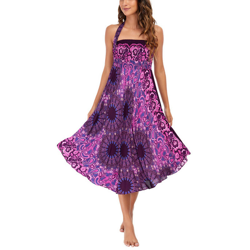 Two Style Wear Bohemian Mandala Flower Water Drop Lace-up Skirt Dress