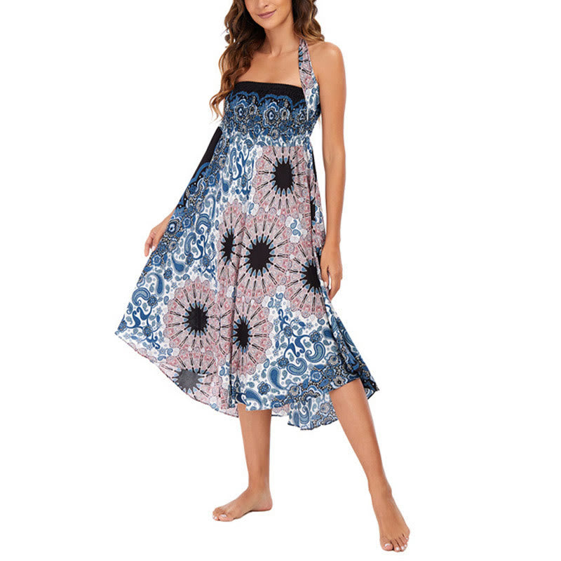 Two Style Wear Bohemian Mandala Flower Water Drop Lace-up Skirt Dress