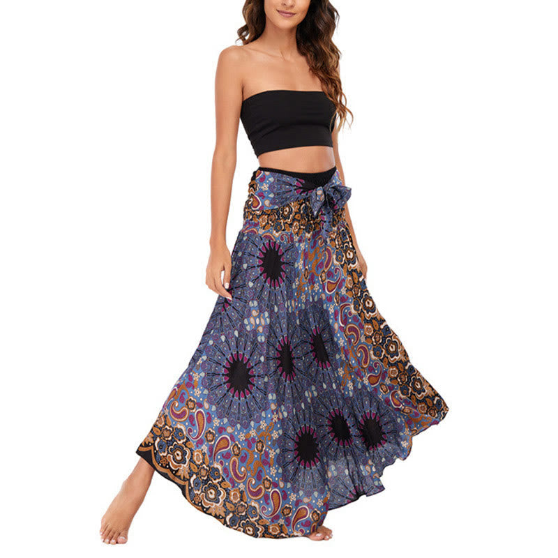 Two Style Wear Bohemian Mandala Flower Water Drop Lace-up Skirt Dress