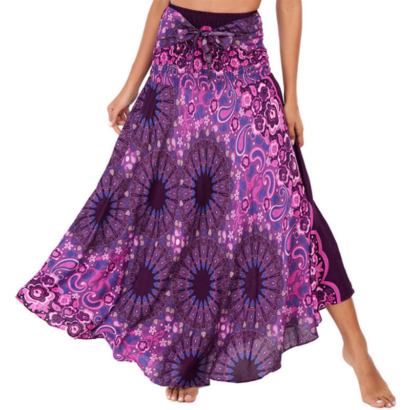 Two Style Wear Bohemian Mandala Flower Water Drop Lace-up Skirt Dress