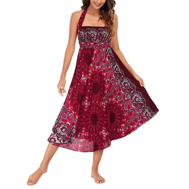 Two Style Wear Bohemian Mandala Flower Water Drop Lace-up Skirt Dress