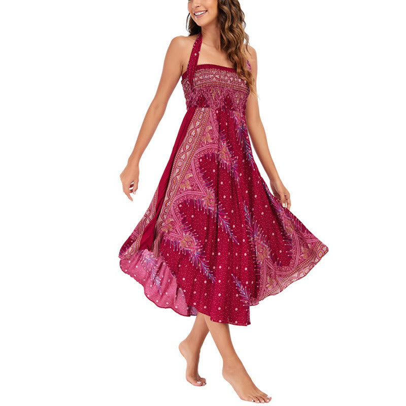 Two Style Wear Boho Summer Peacock Feather Lace-up Skirt Dress