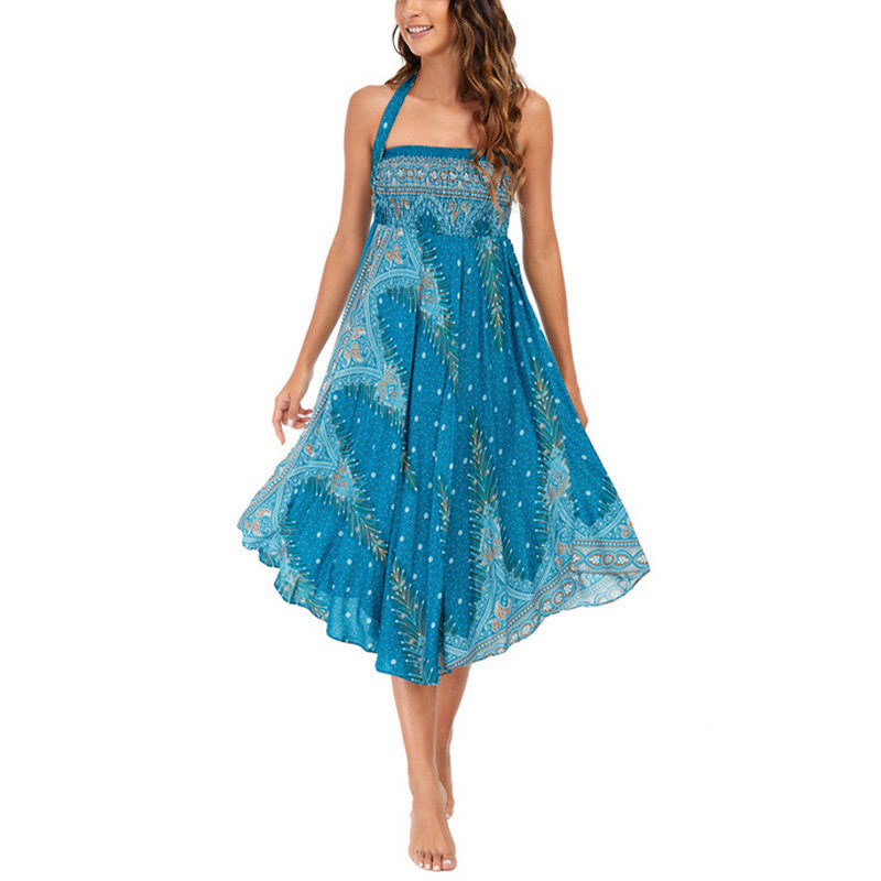 Two Style Wear Boho Summer Peacock Feather Lace-up Skirt Dress