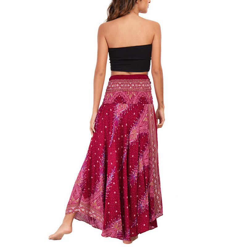 Two Style Wear Boho Summer Peacock Feather Lace-up Skirt Dress