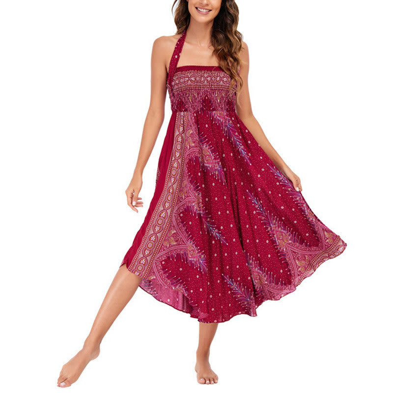 Two Style Wear Boho Summer Peacock Feather Lace-up Skirt Dress