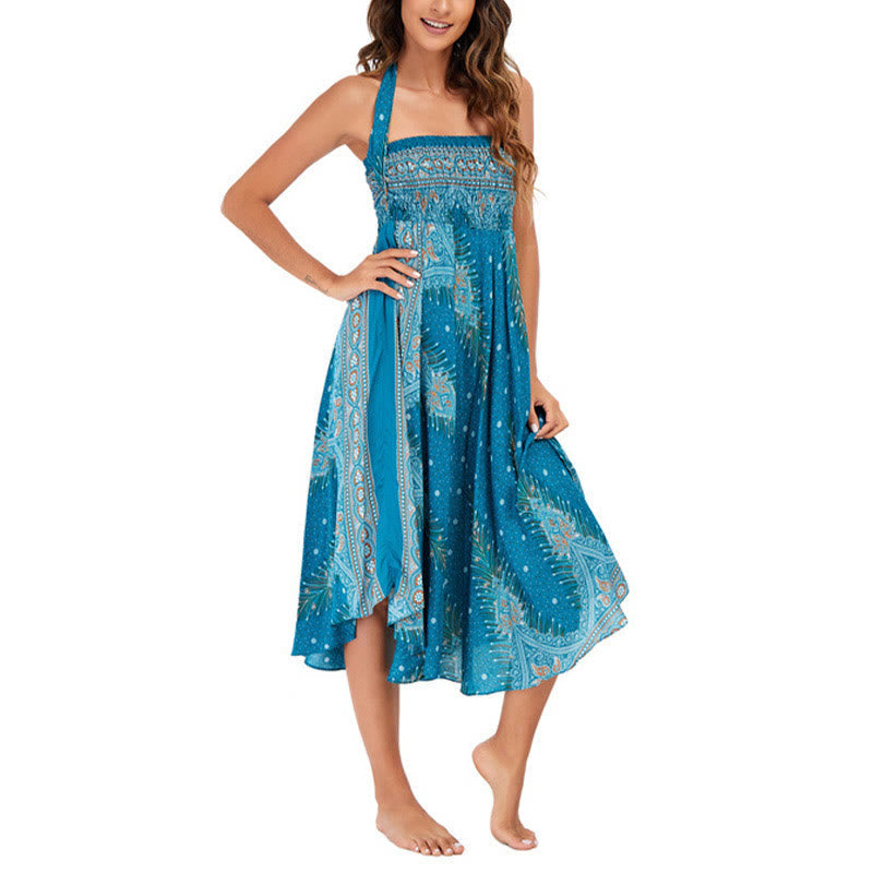 Two Style Wear Boho Summer Peacock Feather Lace-up Skirt Dress