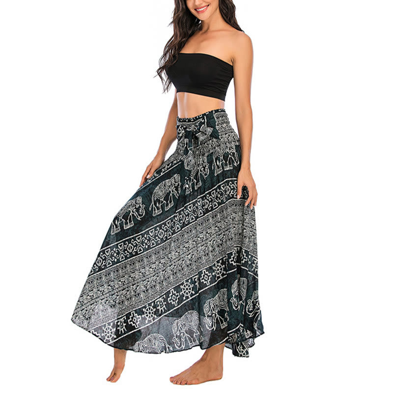 Two Style Wear Boho Elephant Geometry Lace-up Skirt Dress