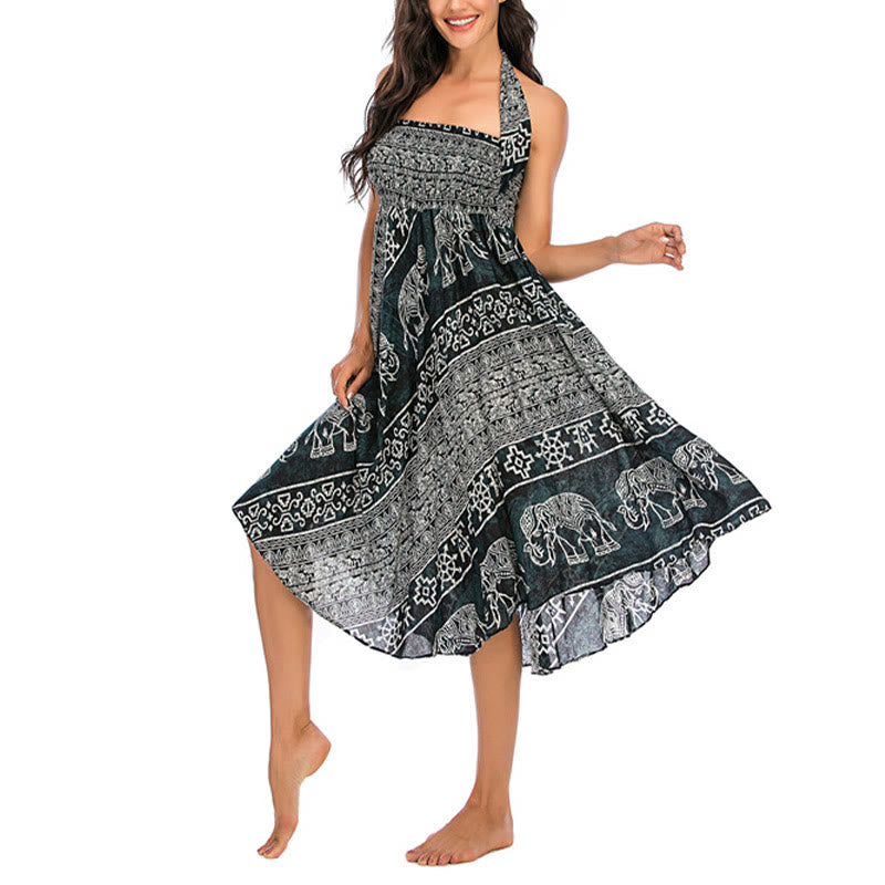 Two Style Wear Boho Elephant Geometry Lace-up Skirt Dress