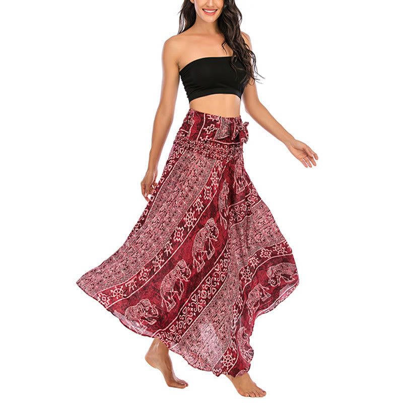 Two Style Wear Boho Elephant Geometry Lace-up Skirt Dress