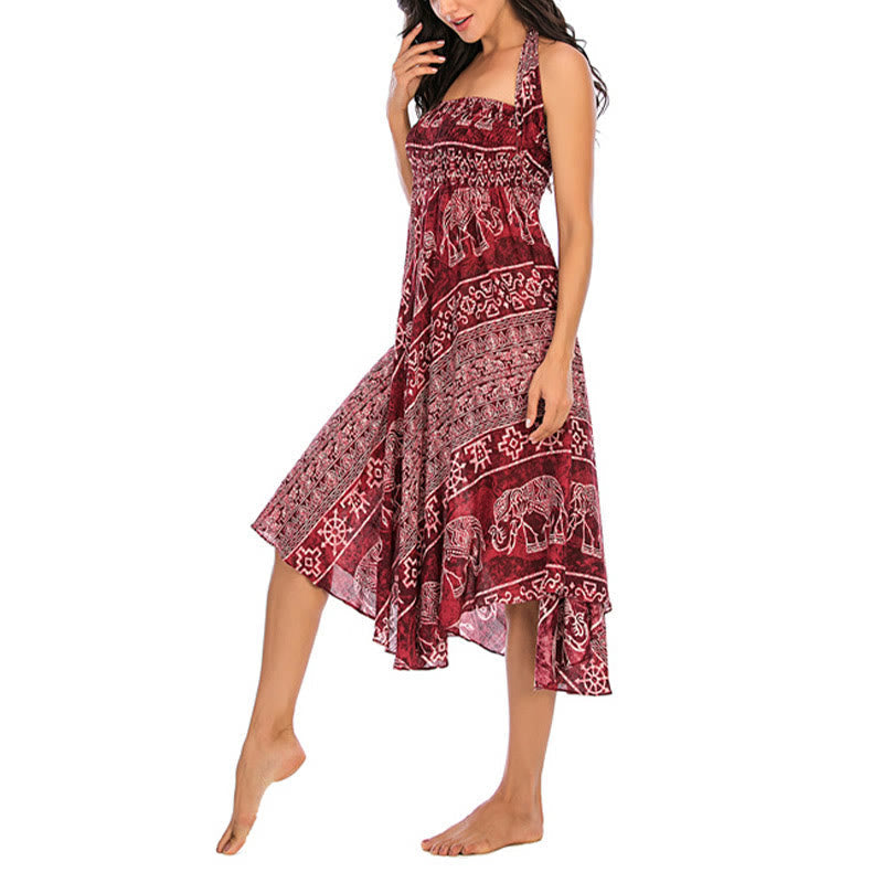 Two Style Wear Boho Elephant Geometry Lace-up Skirt Dress