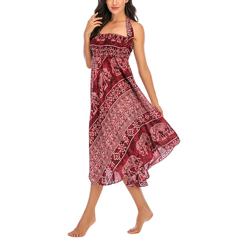 Two Style Wear Boho Elephant Geometry Lace-up Skirt Dress