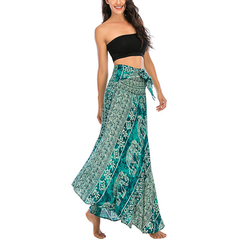 Two Style Wear Boho Elephant Geometry Lace-up Skirt Dress