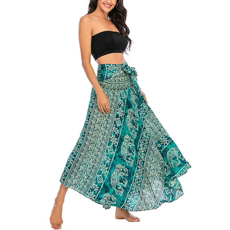 Two Style Wear Boho Elephant Geometry Lace-up Skirt Dress