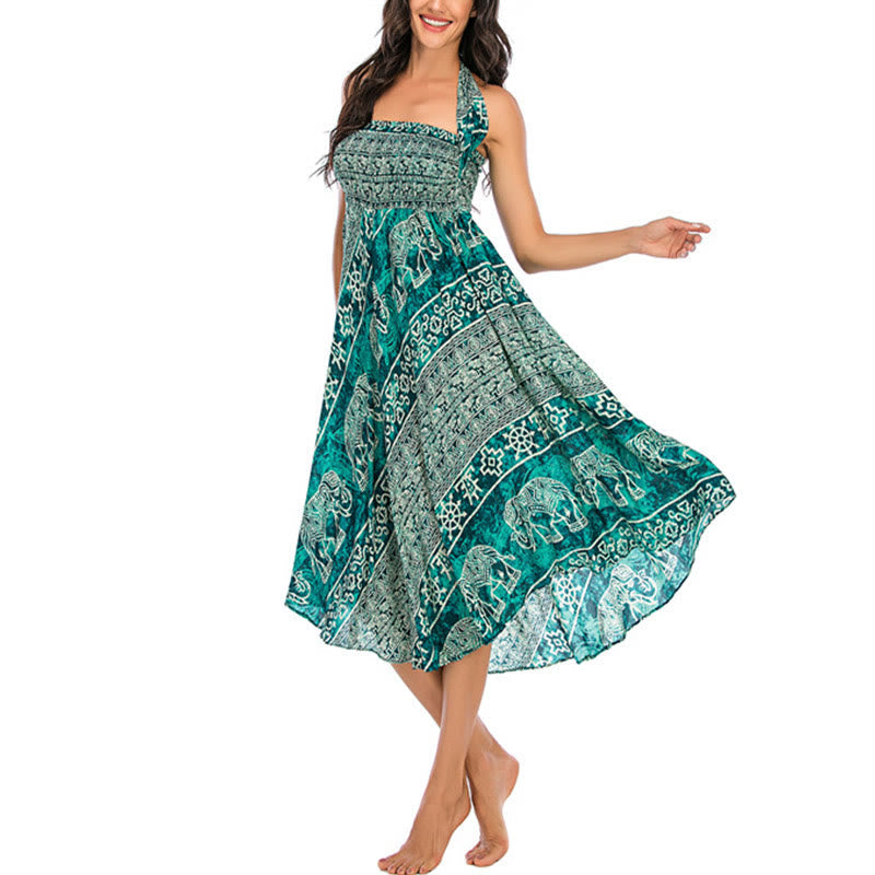 Two Style Wear Boho Elephant Geometry Lace-up Skirt Dress