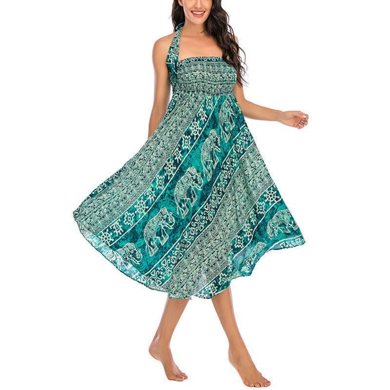 Two Style Wear Boho Elephant Geometry Lace-up Skirt Dress