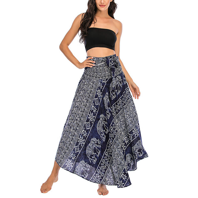 Two Style Wear Boho Elephant Geometry Lace-up Skirt Dress