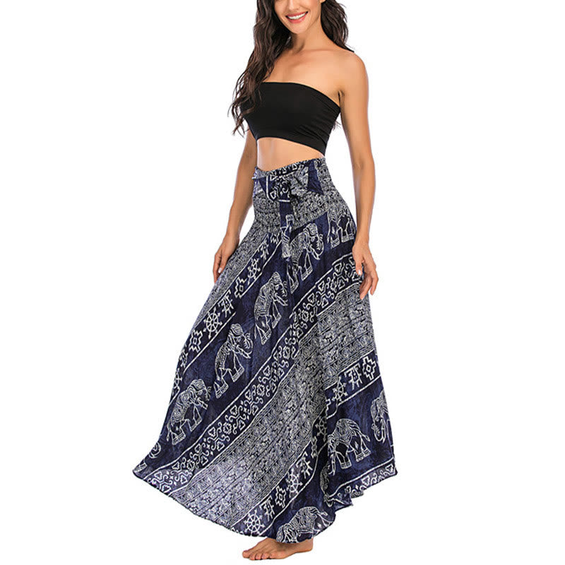 Two Style Wear Boho Elephant Geometry Lace-up Skirt Dress