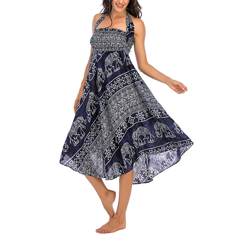 Two Style Wear Boho Elephant Geometry Lace-up Skirt Dress