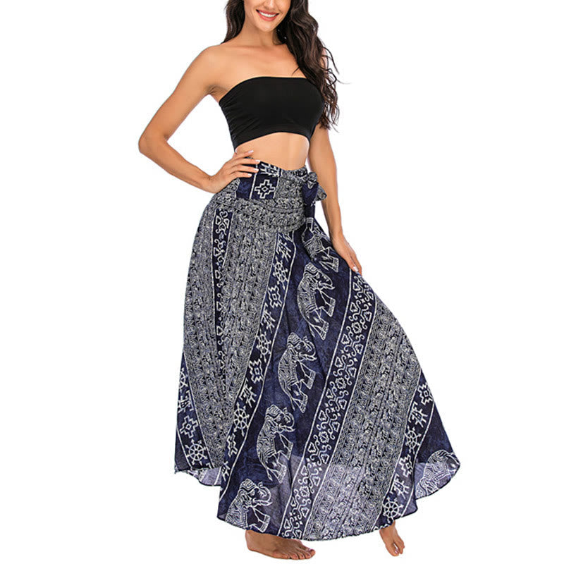 Two Style Wear Boho Elephant Geometry Lace-up Skirt Dress