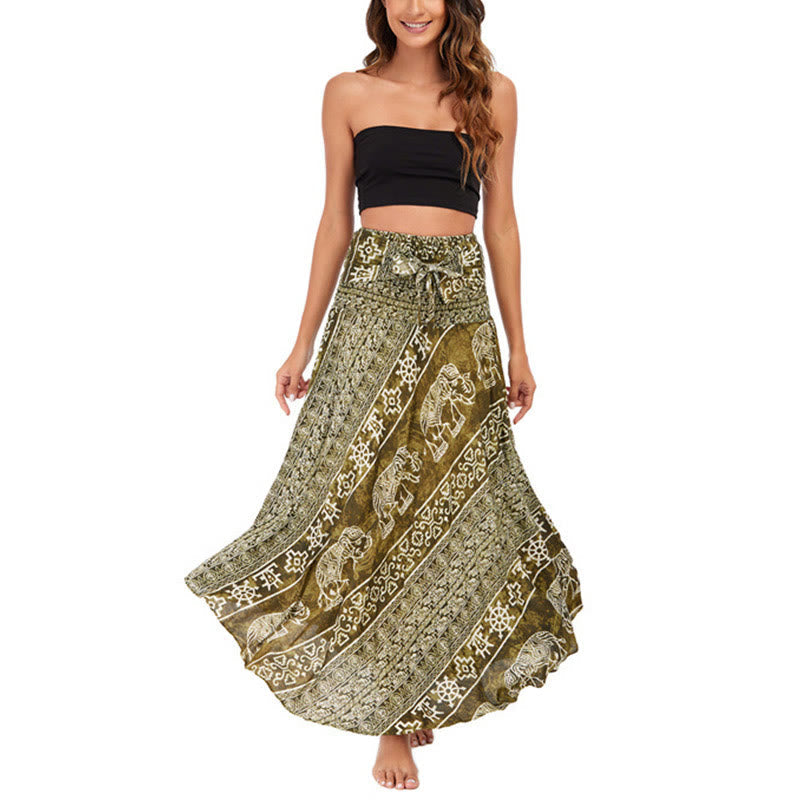 Two Style Wear Boho Elephant Geometry Lace-up Skirt Dress