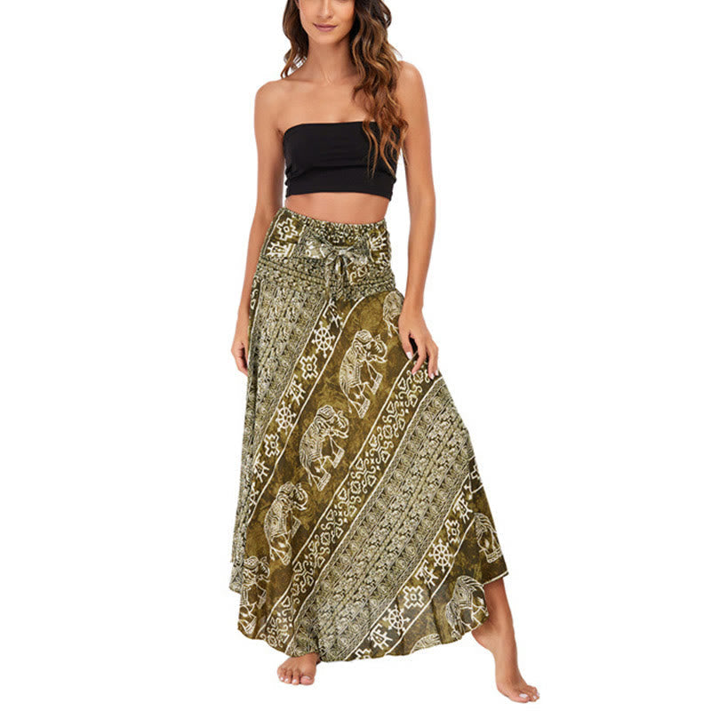 Two Style Wear Boho Elephant Geometry Lace-up Skirt Dress