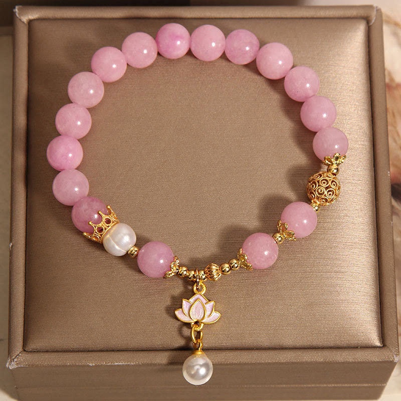 Pink Quartzite Pearl Lotus Charm Harmony Bracelet