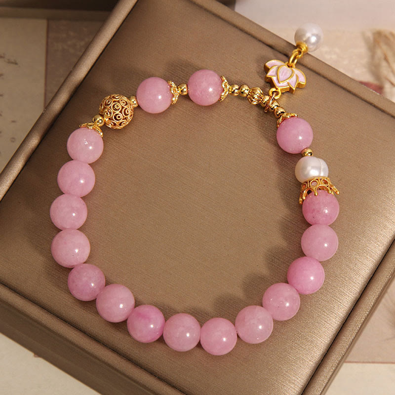 Pink Quartzite Pearl Lotus Charm Harmony Bracelet