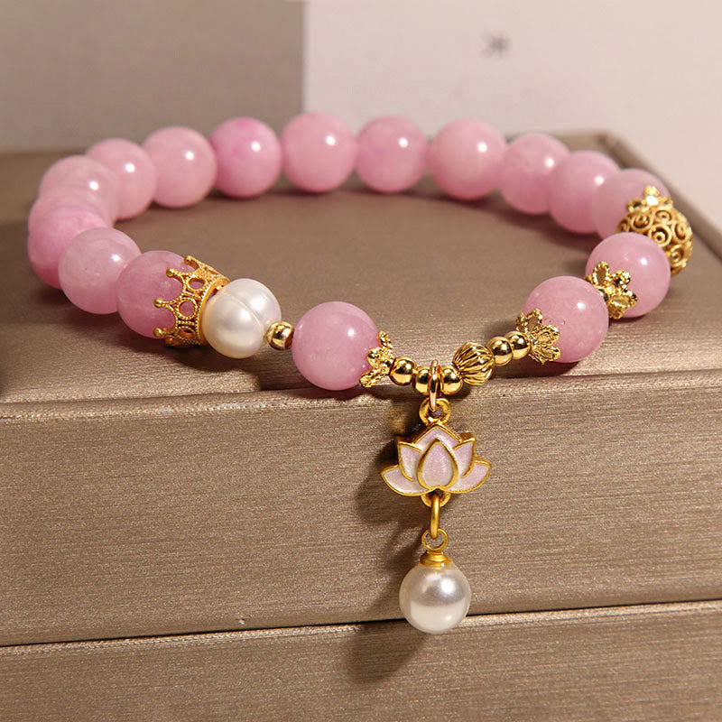 Pink Quartzite Pearl Lotus Charm Harmony Bracelet
