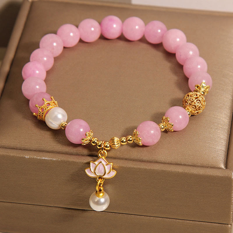 Pink Quartzite Pearl Lotus Charm Harmony Bracelet
