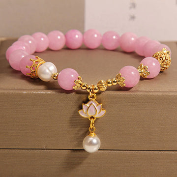 Pink Quartzite Pearl Lotus Charm Harmony Bracelet
