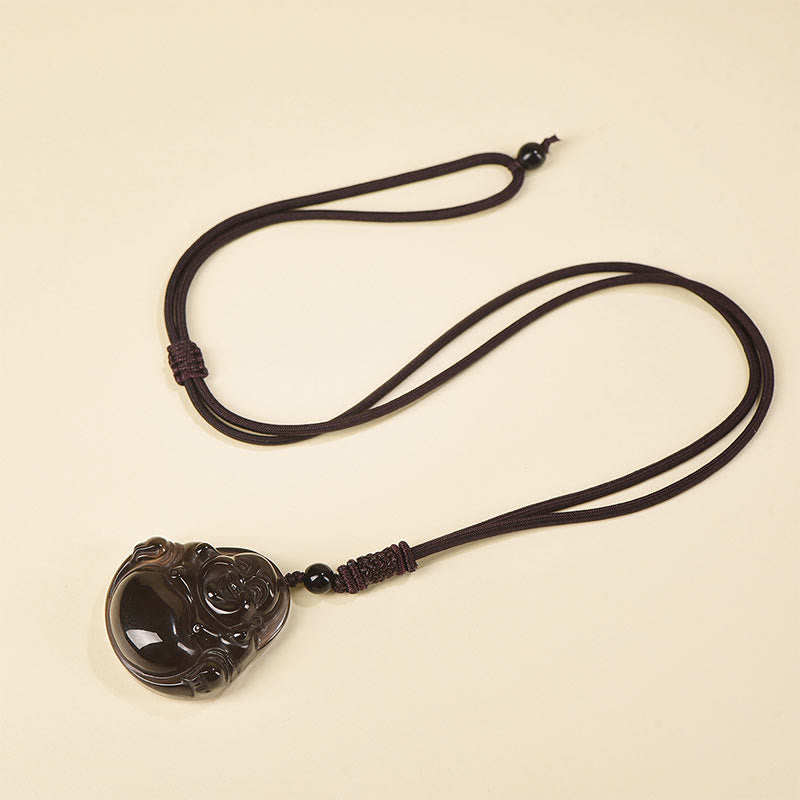 Natural Black Obsidian Ice Obsidian Laughing Buddha Purification Necklace Pendant