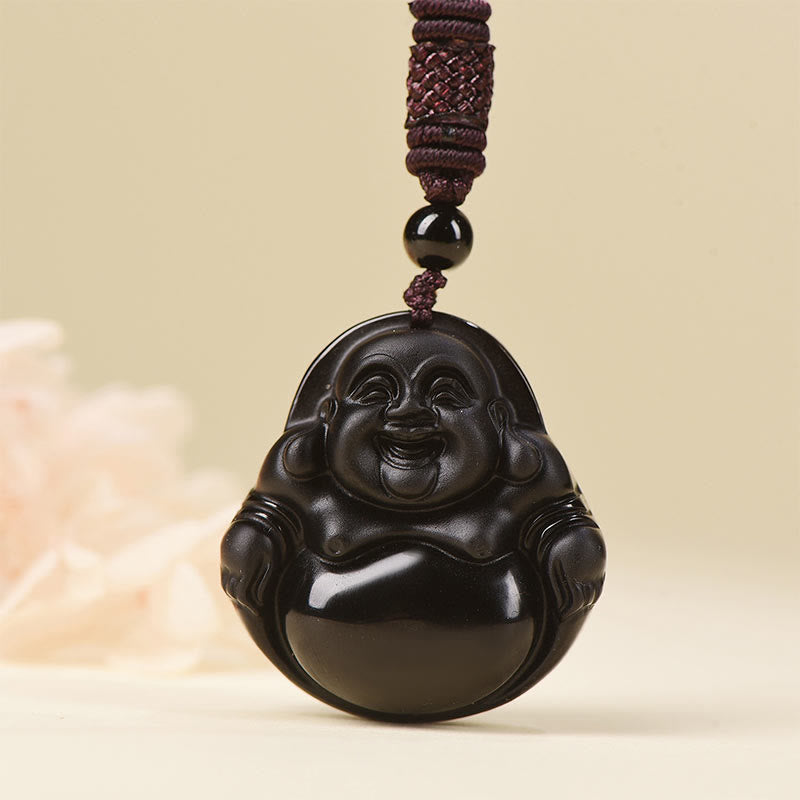 Natural Black Obsidian Ice Obsidian Laughing Buddha Purification Necklace Pendant