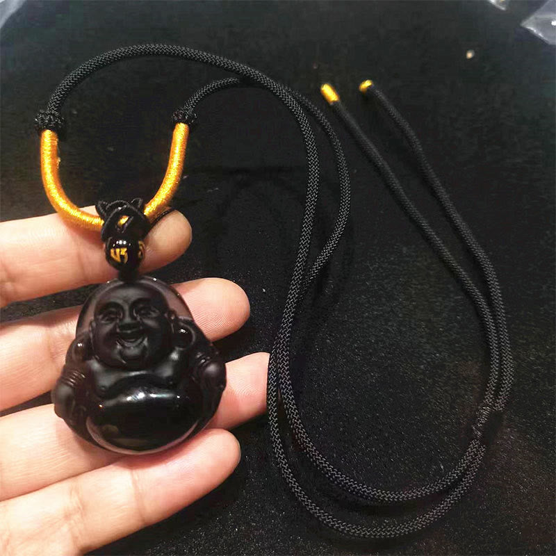 Natural Black Obsidian Ice Obsidian Laughing Buddha Purification Necklace Pendant