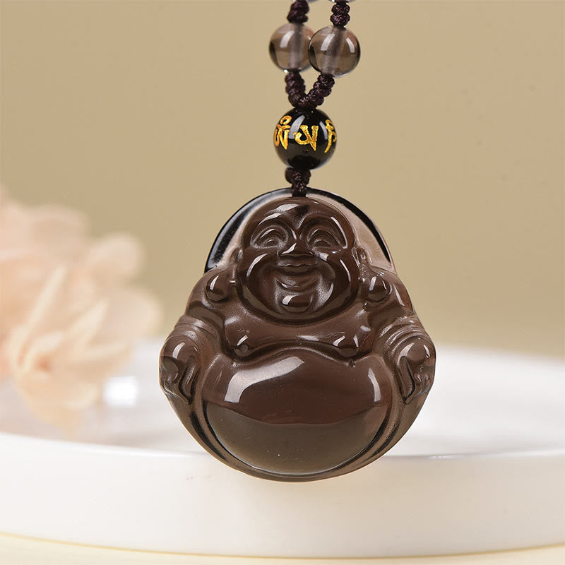 Natural Black Obsidian Ice Obsidian Laughing Buddha Purification Necklace Pendant