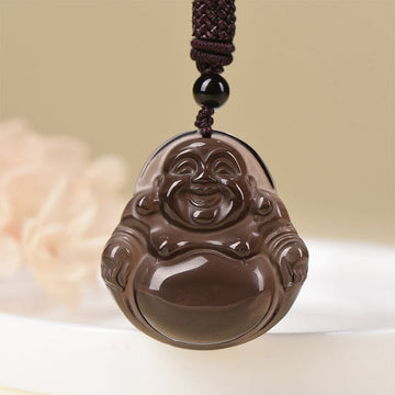Natural Black Obsidian Ice Obsidian Laughing Buddha Purification Necklace Pendant